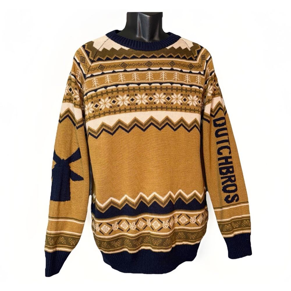 Dutch Bros Sweater Mens Medium Fair‎ Isle Nordic Pullover Mocha Brown Crew Neck